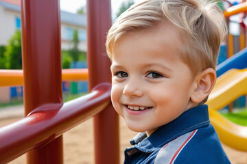 Close-up portrait of a little boy engaged in outdoor play at school or kindergarten playground