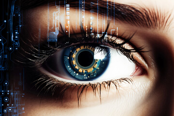 A stunning close up beauty of a woman  blue eye and digital technology screen. High Technologies in the future. Augmented reality display. Digital scan of an eye
