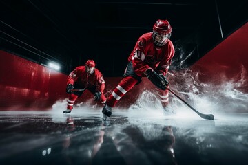 
Ice hockey players skating in red uniforms