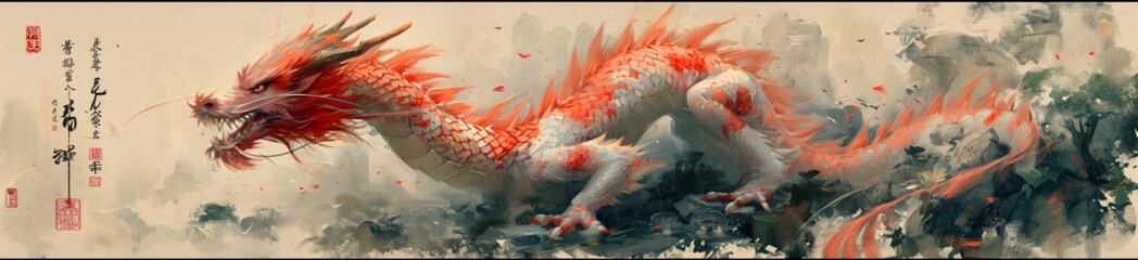 Dragon's Den: A Fantasy Artwork of a Red and White Dragon Generative AI - obrazy, fototapety, plakaty