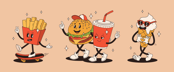 Set of fast food retro groovy cartoon character. Vintage mascot of burger with french fries on skateboard, soda and ice cream with glasses with happy smile. Funky street food illustration