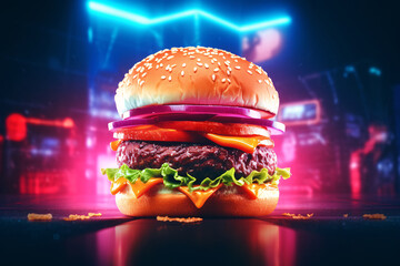 Tasty Hamburger on Neon Light Background
