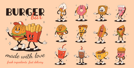 Obraz na płótnie Canvas Set of fast food retro groovy cartoon character. Vintage mascot of burger, pizza, hot dog, ice cream, french fries, coffee to go, donut and soda with happy smile. Funky street food illustration