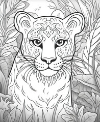Black and white illustration for coloring animal, lion.