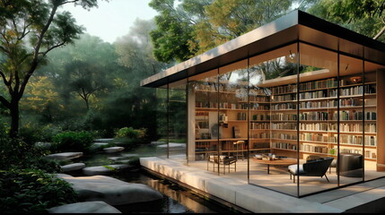 Glass-walled library with a reading room that overlooks a tranquil garden, offering a peaceful and inspiring place to relax and read