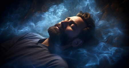 Dreaming beautiful thoughts - handsome bearded young male with eyes closed lying supine surrounded by wispy ethereal smoke appearing to be asleep or mediatating with a content expression on his face - obrazy, fototapety, plakaty