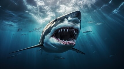 Bottom view of an ocean shark from below. Opening a dangerous mouth with many teeth