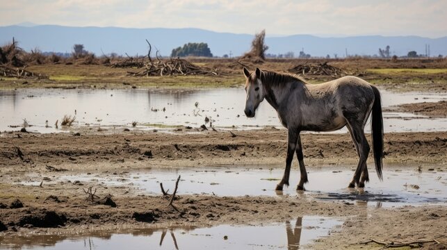 A lone horse standing on a small island of dry land, its coat matted with mud as it waits for the water to recede and allow it to return to its pasture.