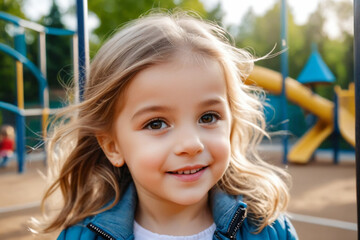 Close-up portrait of a little girl engaged in outdoor play at school or kindergarten playground