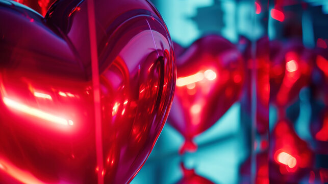 Stylish romantic interior with mirrors and illuminated neon heart. Modern contemporary Art. Valentines Day.Generative AI