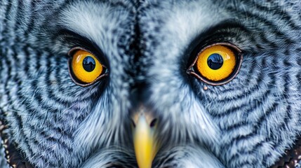 Naklejka premium Close-up of a gray owl's round yellow eyes.