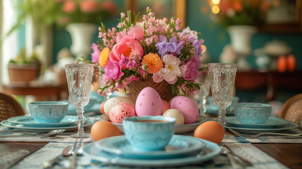 easter still life with eggs and flowers