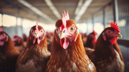 Closeup of laying hens in a modern industrial farm cage. - obrazy, fototapety, plakaty