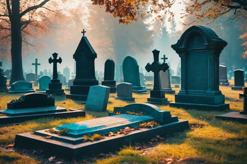 Colorful fantasy cemetery, supernatural eccentric burial ground tombstones graveyard - obrazy, fototapety, plakaty