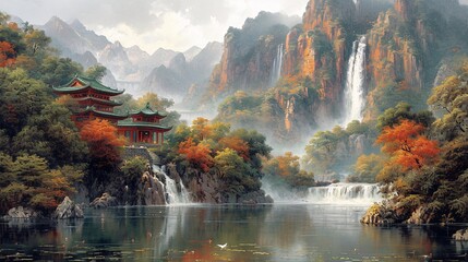 Autumn's Enchanting Embrace: A Painting of a Waterfall, Temple, and Birds Generative AI