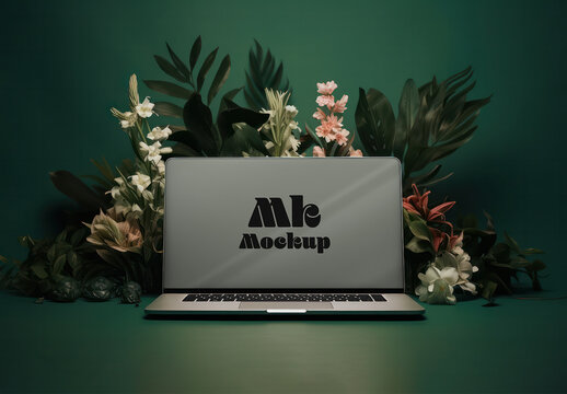 Mockup Laptop Botanic Green Flowers Generative AI