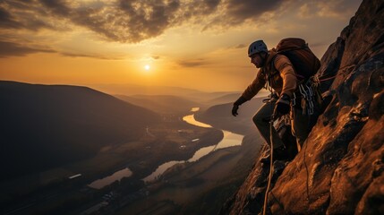 Male on steep rock at sunset