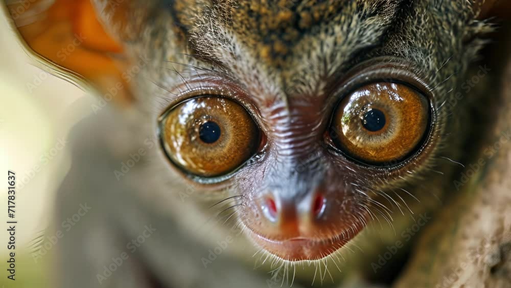 Poster closeup of a tarsiers face with its large eyes dominating the image. its curious gaze seems to pierc