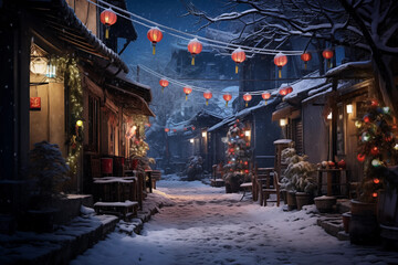 the stunning view of small street of village in winter is decorated to welcome lunar new year ai generative