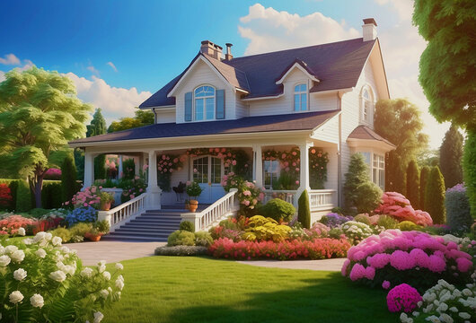 Illustration of a house with a beautiful garden. AI-generated.
