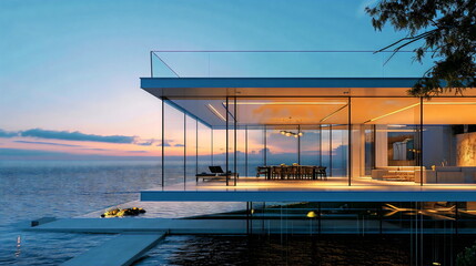 A modern glass-walled waterfront home that seamlessly blends into the seaside landscape, with floor-to-ceiling windows that frame panoramic views of the ocean
