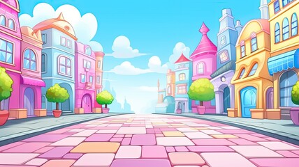 cartoon illustration of city square background, filled with colorful buildings that resemble candy and sweets.