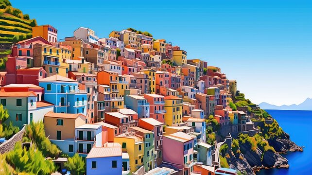 cartoon illustration of coastal villages with colorful buildings.