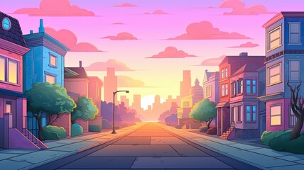 cartoon colorful cityscape during sunset. Buildings of various designs and heights line both sides of the street, soft glow of sun.
