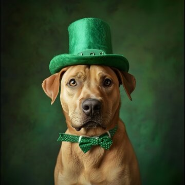 dog with leprechaun costume hat and papion for st. patrick's day  green grunge background