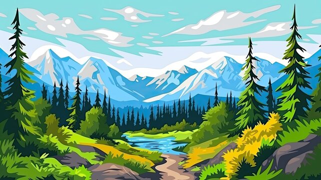 cartoon illustration of mountain landscape. clear path made of dirt and rocks that leads towards the mountains
