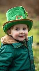 Little girl wearing a leprechaun hat and green jacket outdoors