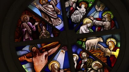 Russia Sank Petersburg 01.01.2024 Colored stained glass window on biblical motif in church. - Powered by Adobe