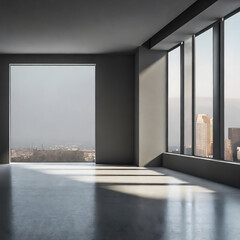 Minimalistic hall interior with empty gray wall, city view and daylight. Gallery and present. Generative AI.