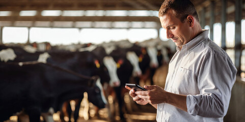 A focused farmer in a white shirt uses a smartphone with a herd of cows in the background inside a barn. - obrazy, fototapety, plakaty