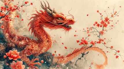 Red Dragon with Flower Petals: A Celebration of Lunar New Year Generative AI