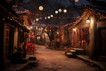 Obraz premium the stunning view of small street of village in evening is decorated to welcome lunar new year ai generative