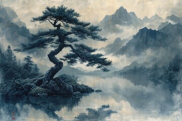 Autumn's Embrace: A Pine Tree's Reflection in the Calm Waters Generative AI