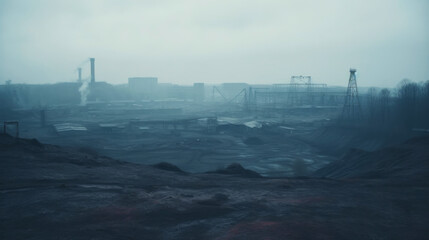 Coal mining industrial landscape. Heavy pollution, smoke, dust, ruined ecosystem. Generative AI