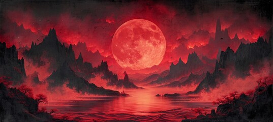 Red Moon Rising: A Blood Moon Eclipse in July Generative AI - obrazy, fototapety, plakaty