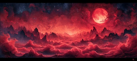 Red Planet Rising: A Blood Moon Night Sky Generative AI - obrazy, fototapety, plakaty