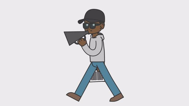 2d animation of walking black director speaking into a megaphone. Looped 4K video with alpha-channel.