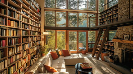 Obraz premium A modern mountain home with a cozy library filled with books and natural light, providing a tranquil space for reading and reflection