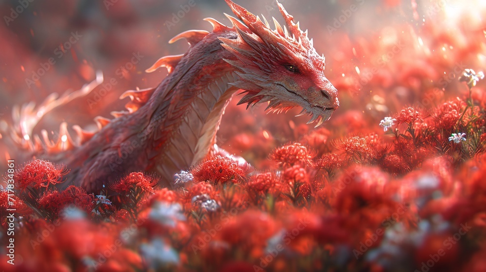 Wall mural dragon's den: a fantasy world of red flowers and fire generative ai