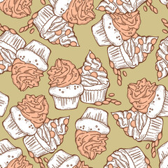 Tasty sweet cupcake dessert decorative seamless pattern for textile design, fabric print, digital or wrapping paper, wallpaper, background and backdrop, bakery shop decoration, cafe, restaurant menu.