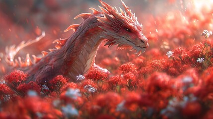 Dragon's Den: A Fantasy World of Red Flowers and Fire Generative AI - obrazy, fototapety, plakaty