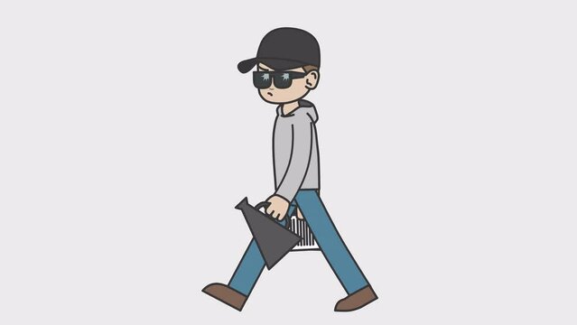 2d animation of walking white director holding script and megaphone. Looped 4K video with alpha-channel.