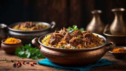Tuinposter aromatic essence of traditional lamb biryani in a side-view shot, beautifully presented on a rustic wooden table the layers of fragrant rice © mdaktaruzzaman