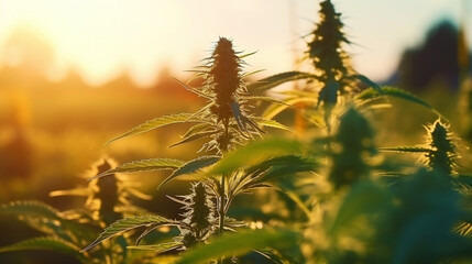 Close up of cannabis sativa bud on a field with soft focus with a sun rays flare. Medical hemp concept. Generative AI - obrazy, fototapety, plakaty