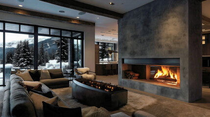 A contemporary mountain residence featuring an internal fireplace that adds a touch of rustic beauty and warmth on chilly nights - obrazy, fototapety, plakaty