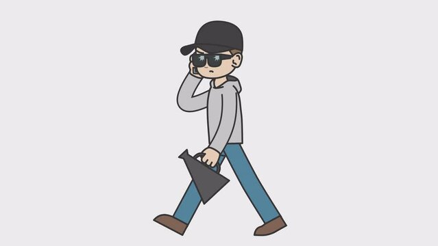 2d animation of walking white director talking on the phone. Looped 4K video with alpha-channel.